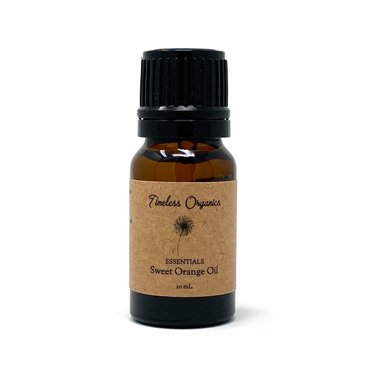 Bottle of Sweet Orange essential oil from Timeless Organics, 10 mL, certified organic, reduces anxiety and boosts happiness.
