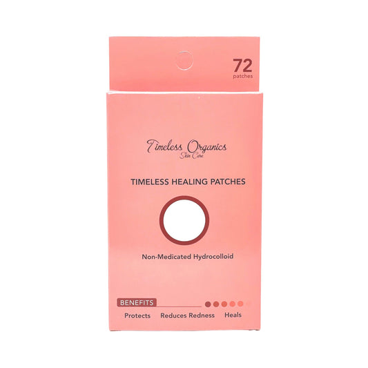Timeless Healing Patches box with 72 non-medicated hydrocolloid patches, reduces redness and heals blemishes.