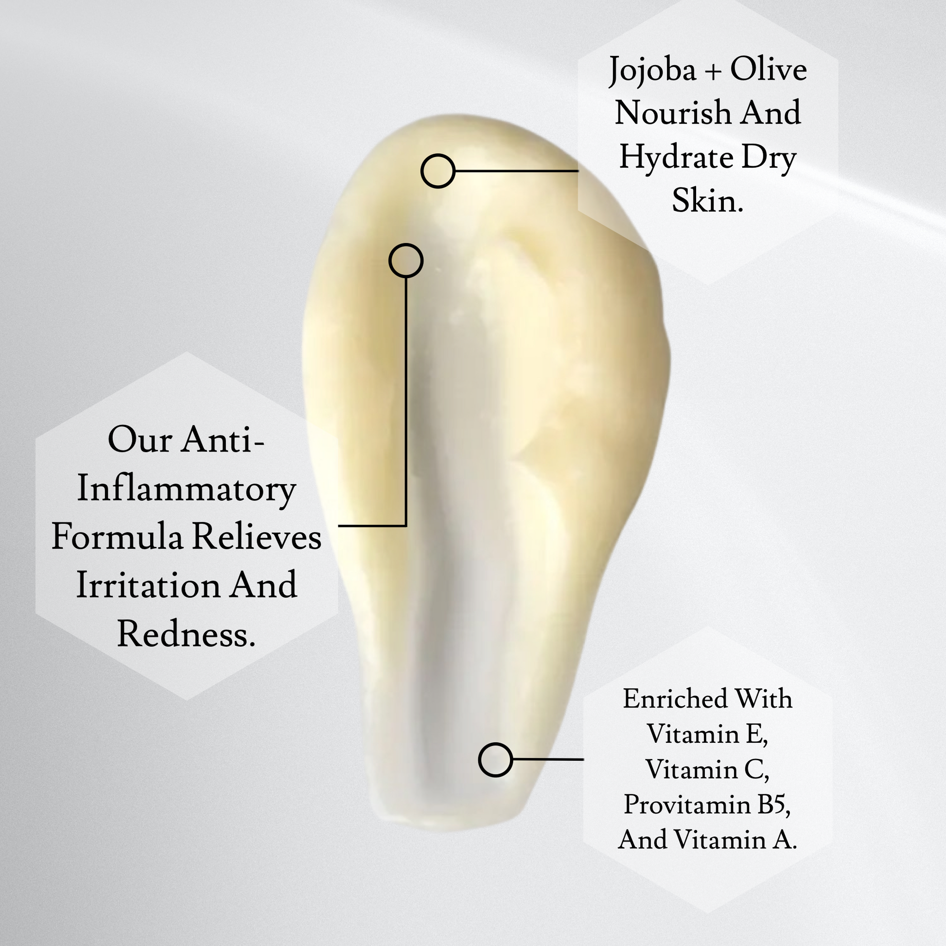 Illustration of Ultra-Calm Silk Cleanser with benefits like nourishment, hydration, and soothing properties from jojoba, olive, and vitamins.