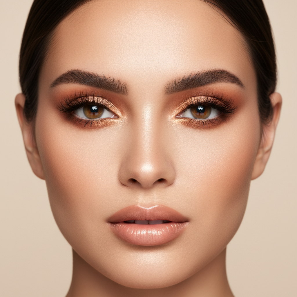 Model wearing GOLDEN PEACH EYESHADOW PALETTE CP15 with warm golds and pinks in shimmer and matte finishes for a flawless makeup look.