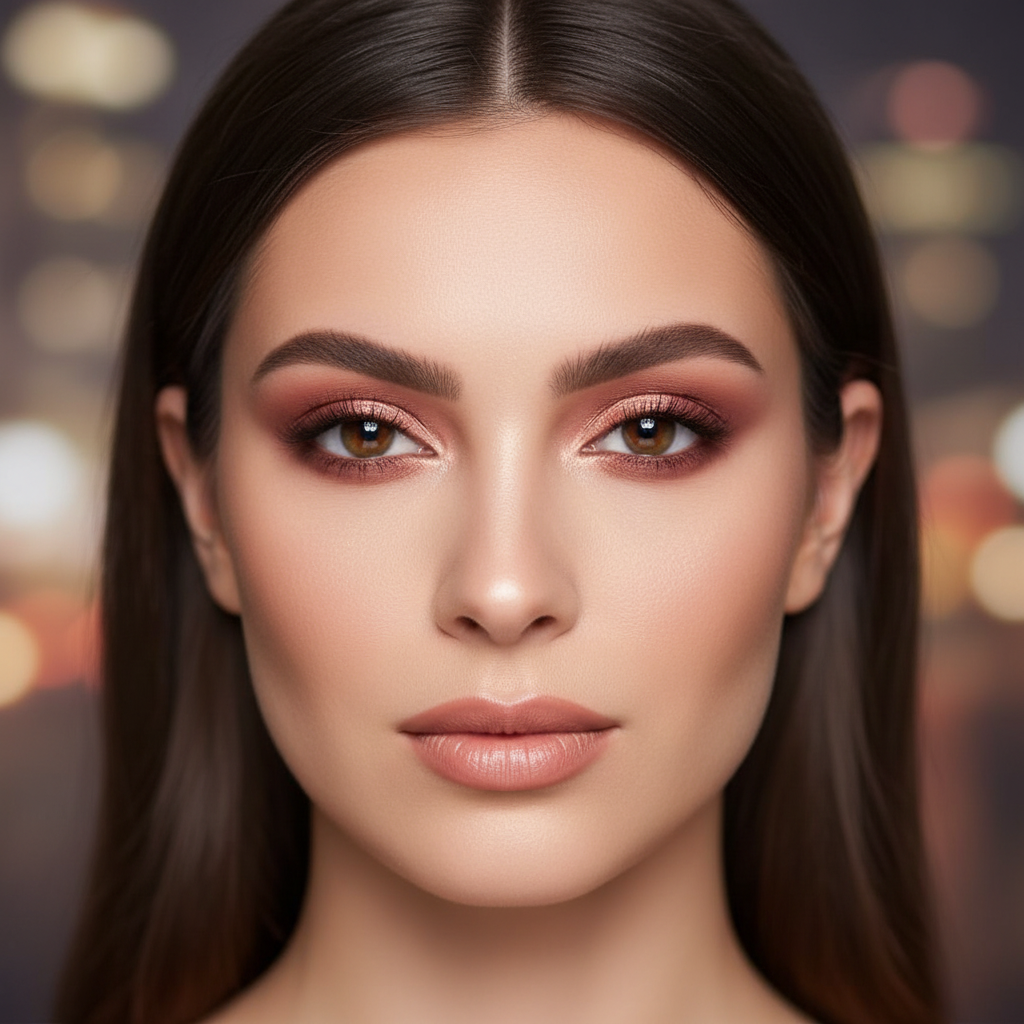 Model showcasing the CITY NIGHTS PALETTE 26CN with warm rose and neutral eyeshadow tones in urban glamour setting