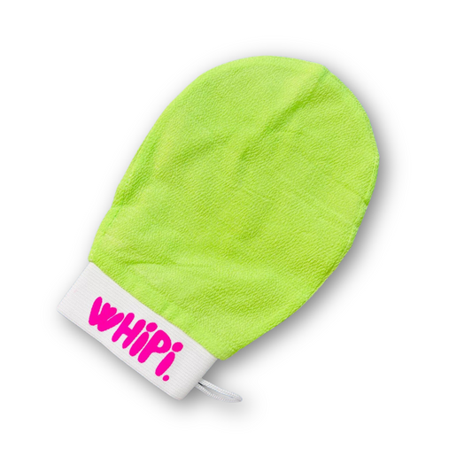 Exfoliating Tan Remover Mitt in green for smooth skin and flawless tan application.