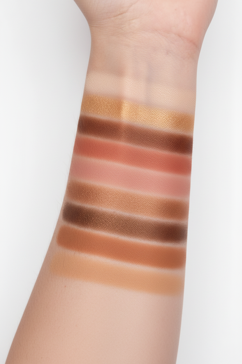 Swatches of Revamped - ES20 Eye Palette warm-toned shades on arm showcasing rich color payoff and blendable creamy formula.