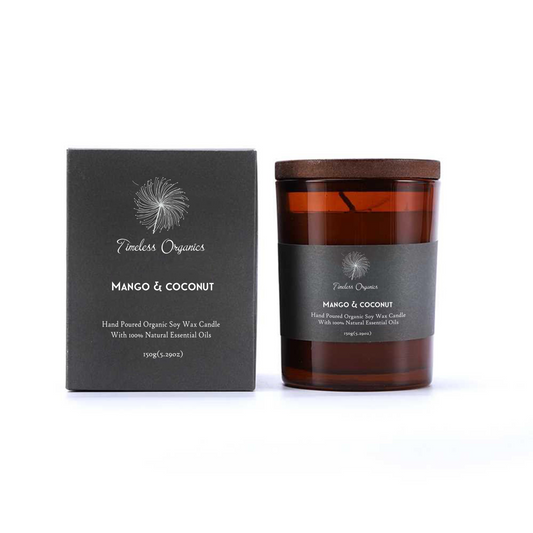Timeless Candle - Mango + Coconut in recyclable amber glass, eco-friendly hand-poured soy wax with natural essential oils, 50-hour burn time