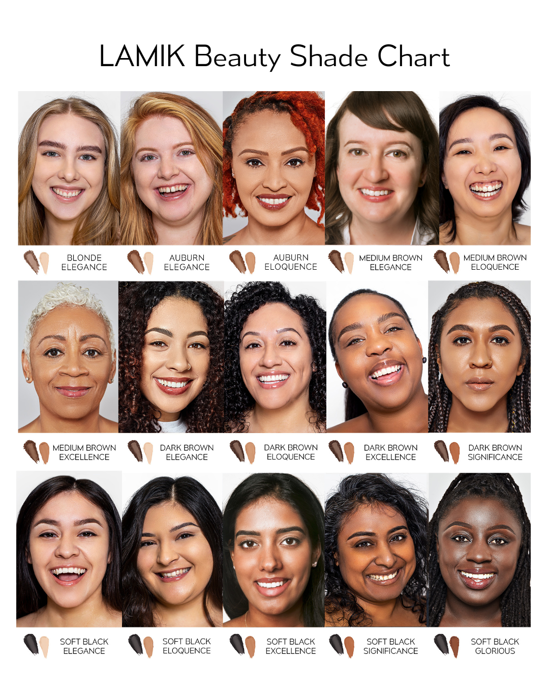 LAMIK Beauty Shade Chart featuring various brow shades for the Revelation Brow Duo