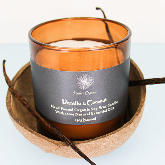 Limited Edition - Vanilla + Coconut candle in amber glass with organic soy wax and natural essential oils.