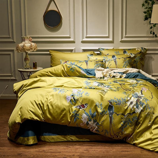 Birds Of Afrodita Duvet Cover Set (Egyptian Cotton) in an elegant bedroom setting showcasing floral and bird patterns.