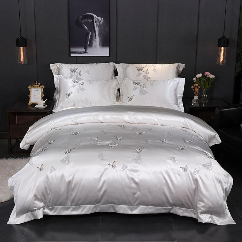 Platinum Butterfly Duvet Cover Set in satin and cotton, featuring minimalist butterfly design, perfect for a classic style bedroom decor.