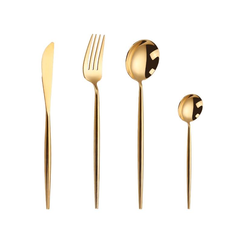 Stella 30-Piece Flatware Set with mirror-polished stainless steel and Korean style design, displaying knife, fork, spoon, and teaspoon.