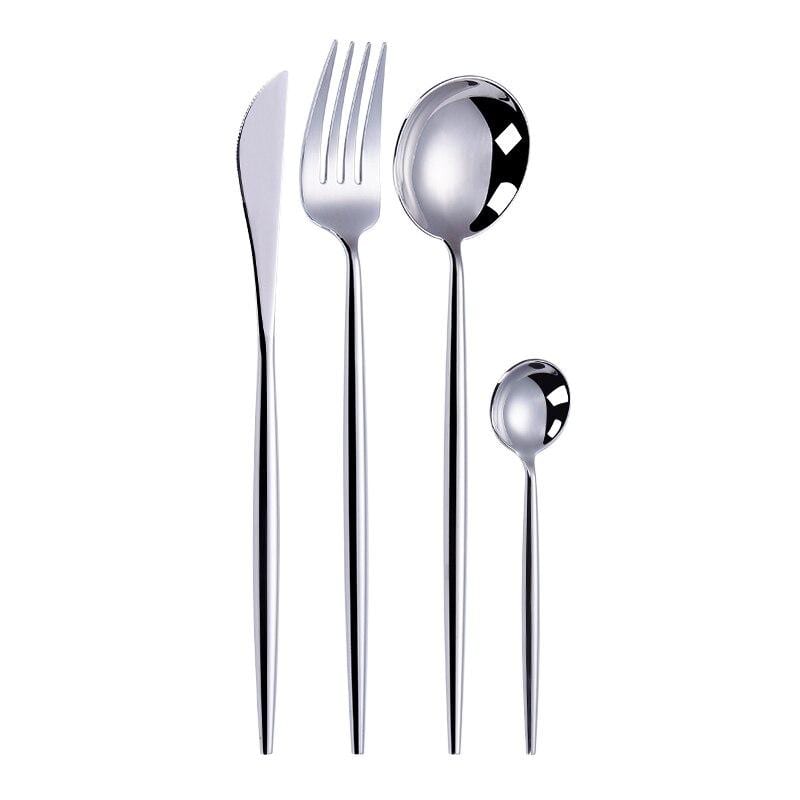 Stella 30-Piece Flatware Set with Korean style, mirror-polished stainless steel, knife, fork, spoon, and teaspoon arrangement