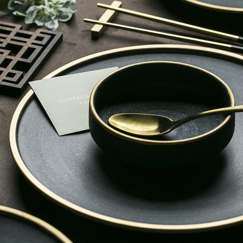 Galileo Tableware - Handcrafted matte green plates with a golden ring, perfect for elegant dining, dishwasher and freezer safe.