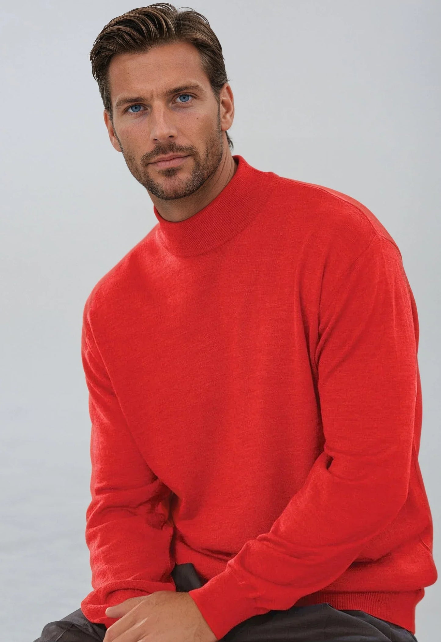 Red Mock Neck Sweater made from 50/50 Merino wool and Acrylic, featuring banded cuffs and bottoms, perfect for standalone or layered wear.