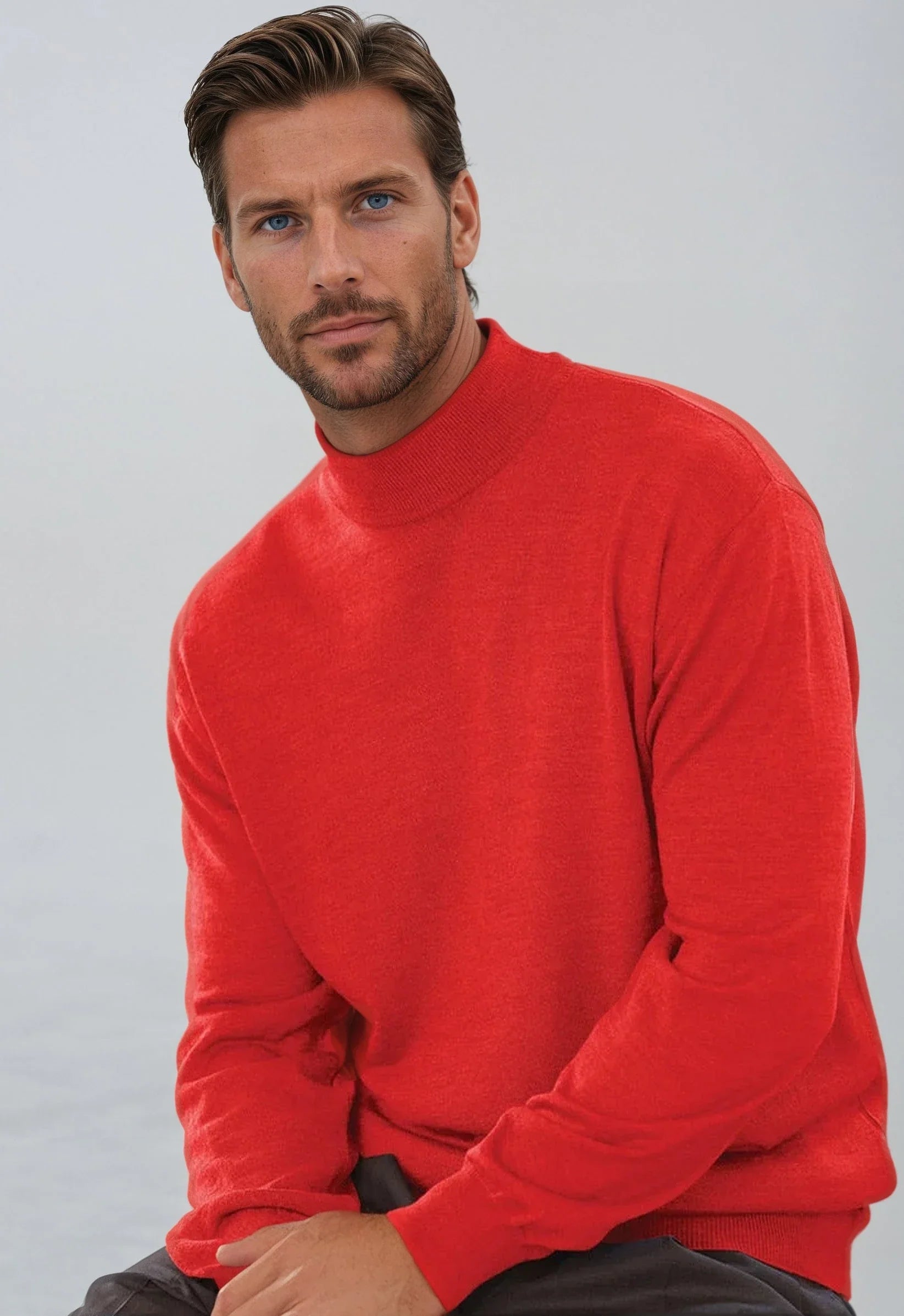 Red Mock Neck Sweater made from 50/50 Merino wool and Acrylic, featuring banded cuffs and bottoms, perfect for standalone or layered wear.