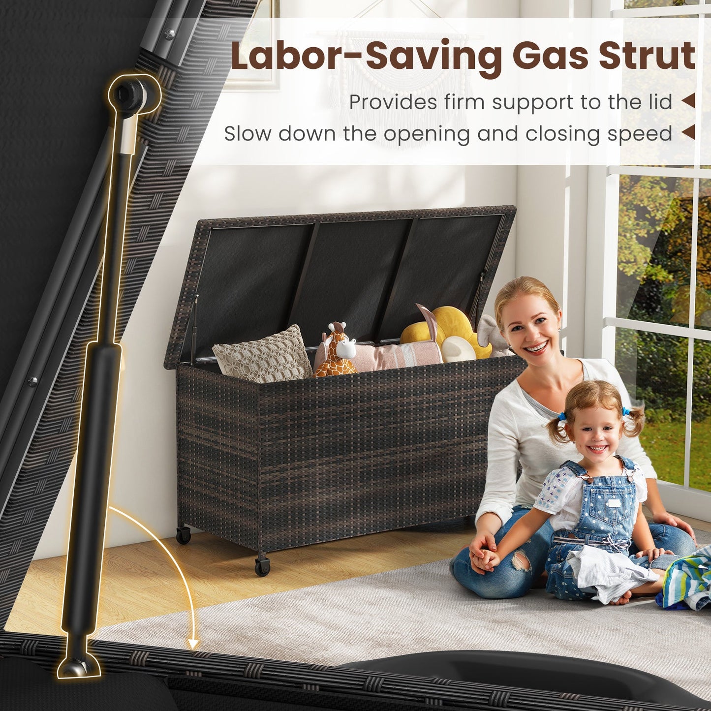 Indoor Outdoor 85 Gallon Storage Container with Waterproof Liner and Universal Wheels-Brown shown with gas strut feature.