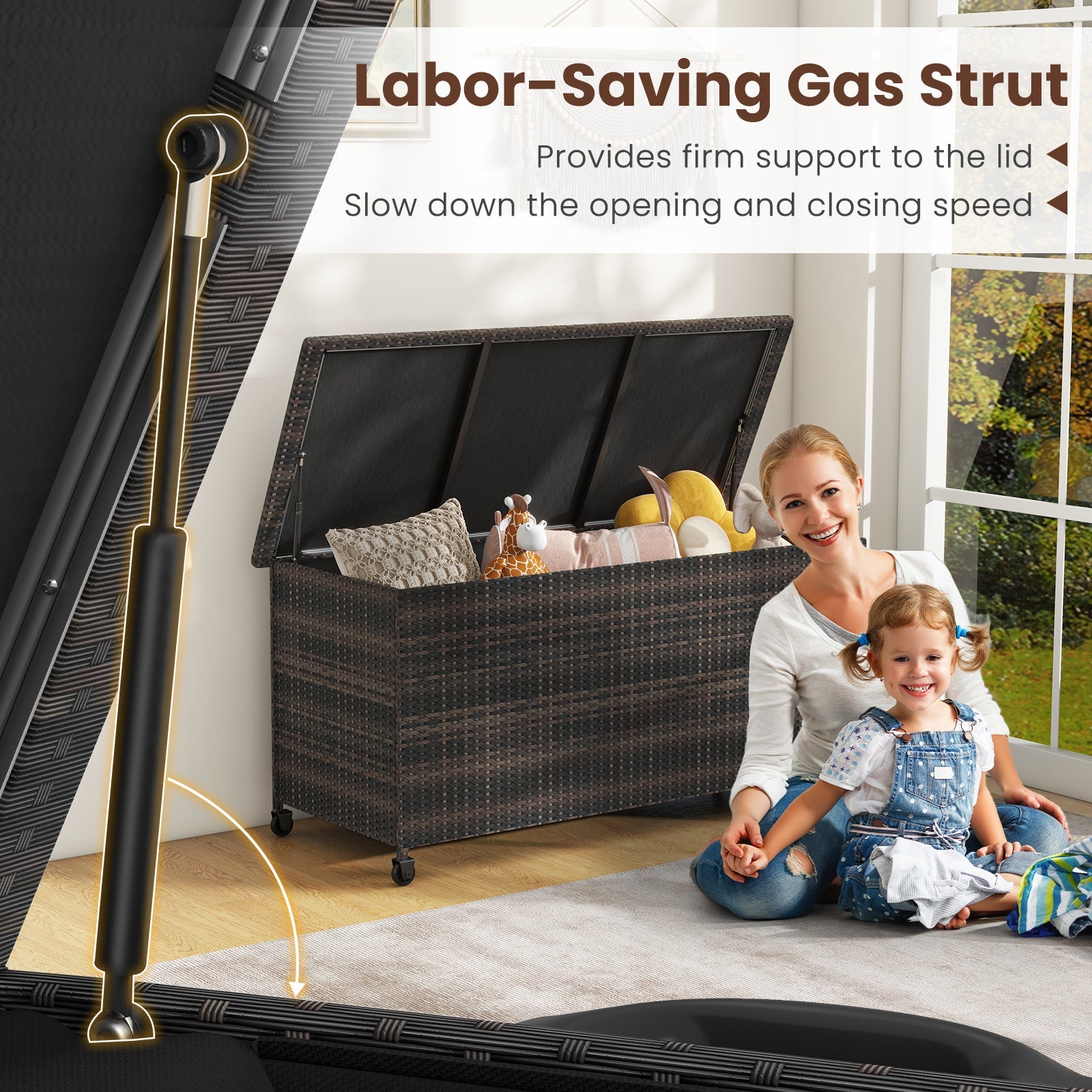 Indoor Outdoor 85 Gallon Storage Container with Waterproof Liner and Universal Wheels-Brown shown with gas strut feature.