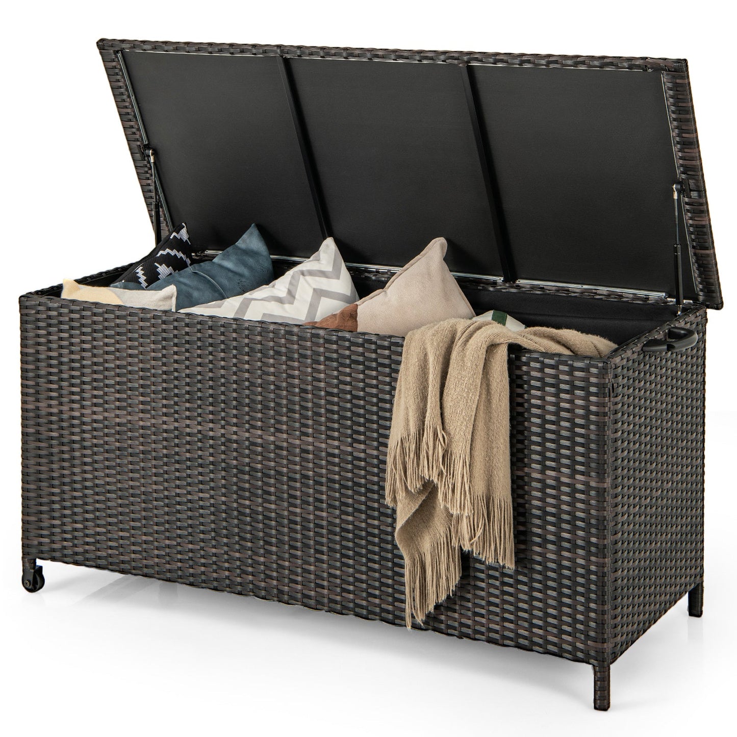 Indoor Outdoor 85 Gallon Storage Container with Waterproof Liner and Universal Wheels-Brown filled with blankets and pillows