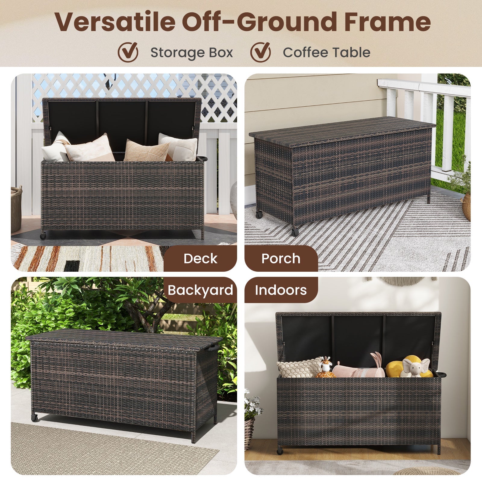 Indoor Outdoor 85 Gallon Storage Container with Waterproof Liner and Universal Wheels-Brown on deck, porch, backyard, and indoors.