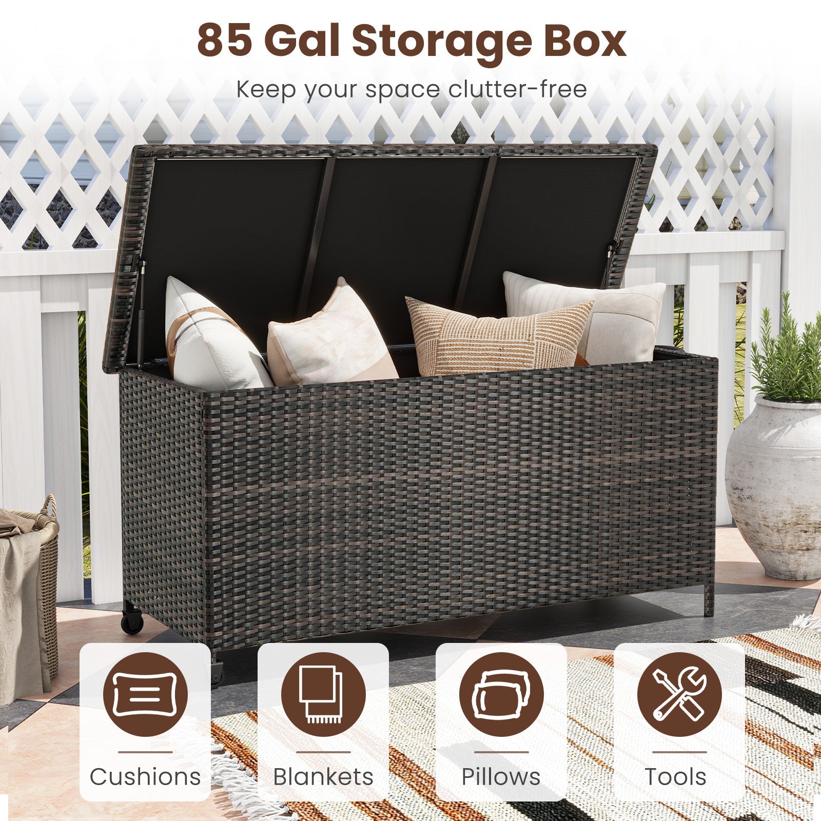Indoor Outdoor 85 Gallon Storage Container with Waterproof Liner and Universal Wheels-Brown showing open lid with storage items