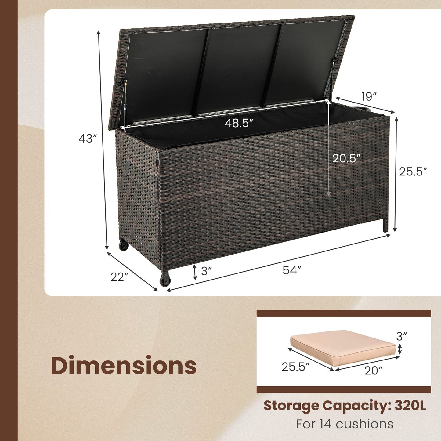 Diagram of Indoor Outdoor 85 Gallon Storage Container with dimensions, showing capacity for 14 cushions.