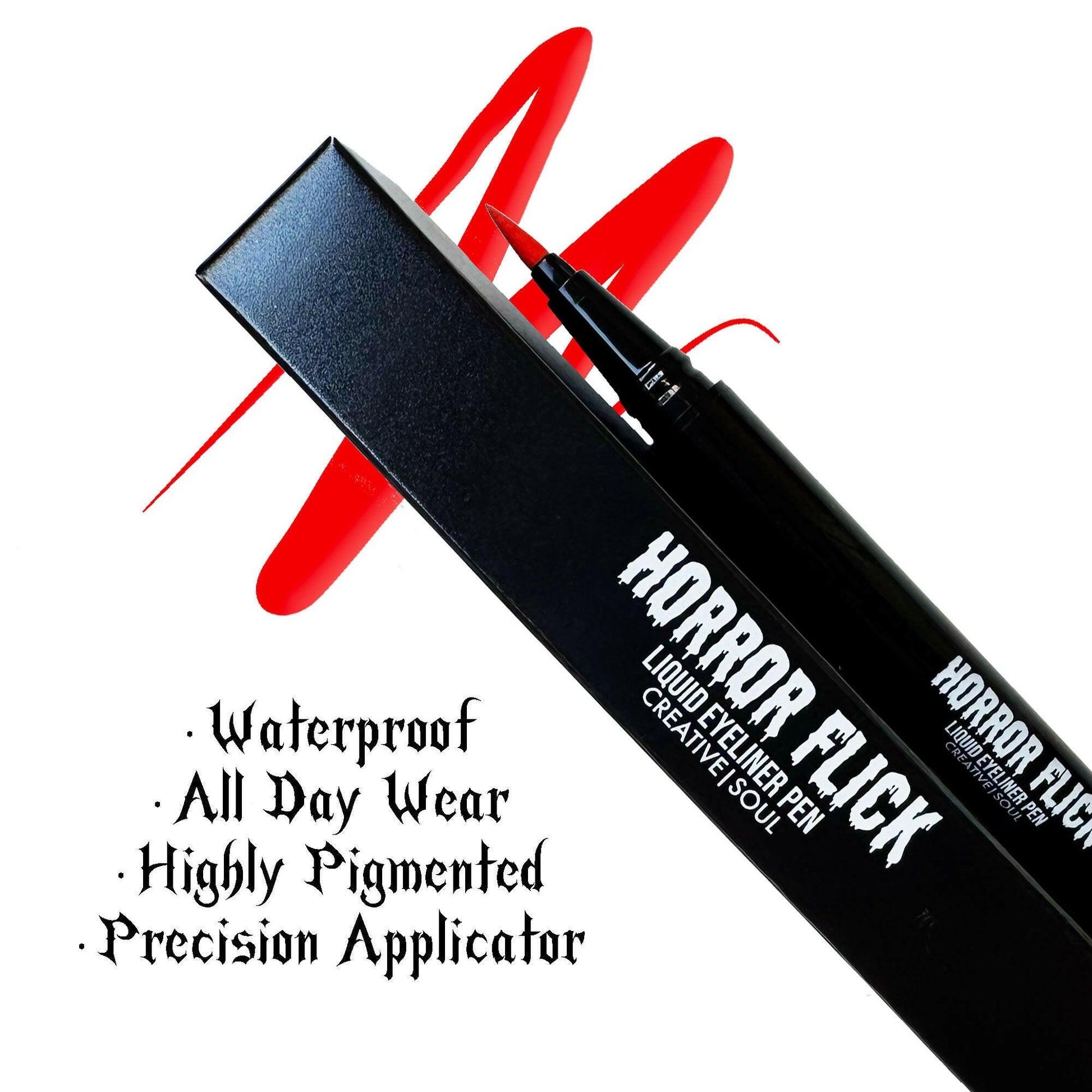 Inferno bright red Horror Flick Liquid Eyeliner Pen with waterproof, long-lasting formula and precision applicator.