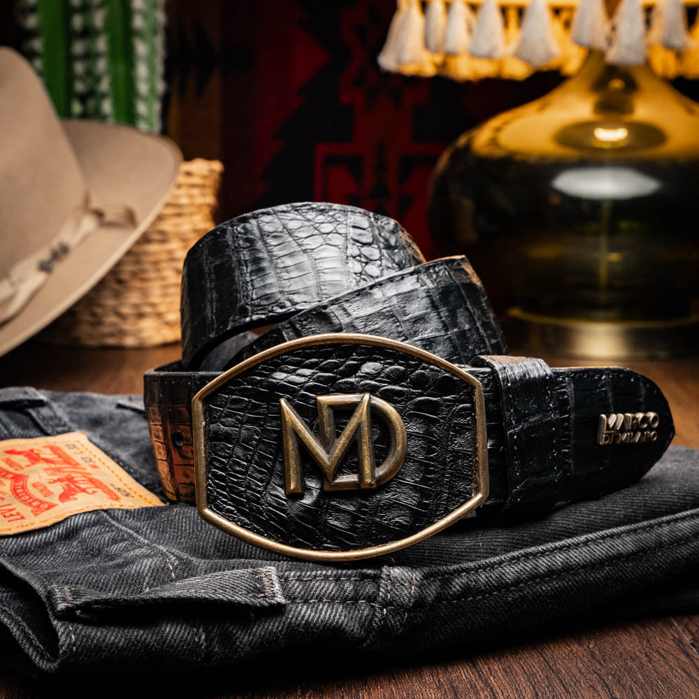 Iowa Belt Black - Genuine Caiman Skin Western Belt with Antique Brass Buckle, Showcasing Exotic Crocodile Craftsmanship and Design