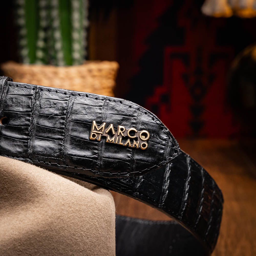 Iowa Belt Black made with genuine caiman skin showcasing Western design and artisanal details, featuring a branded tag.