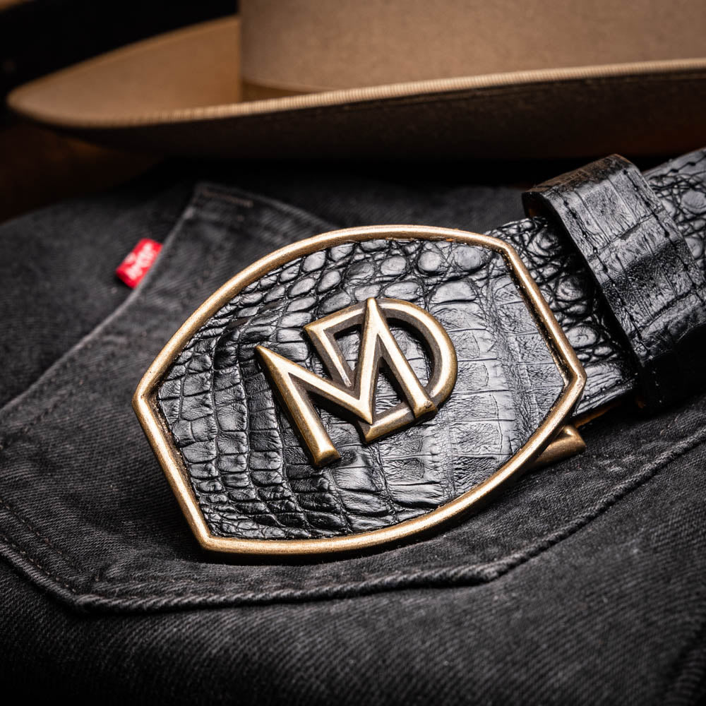Iowa Belt Black - Genuine caiman skin belt with Western brass buckle on black fabric