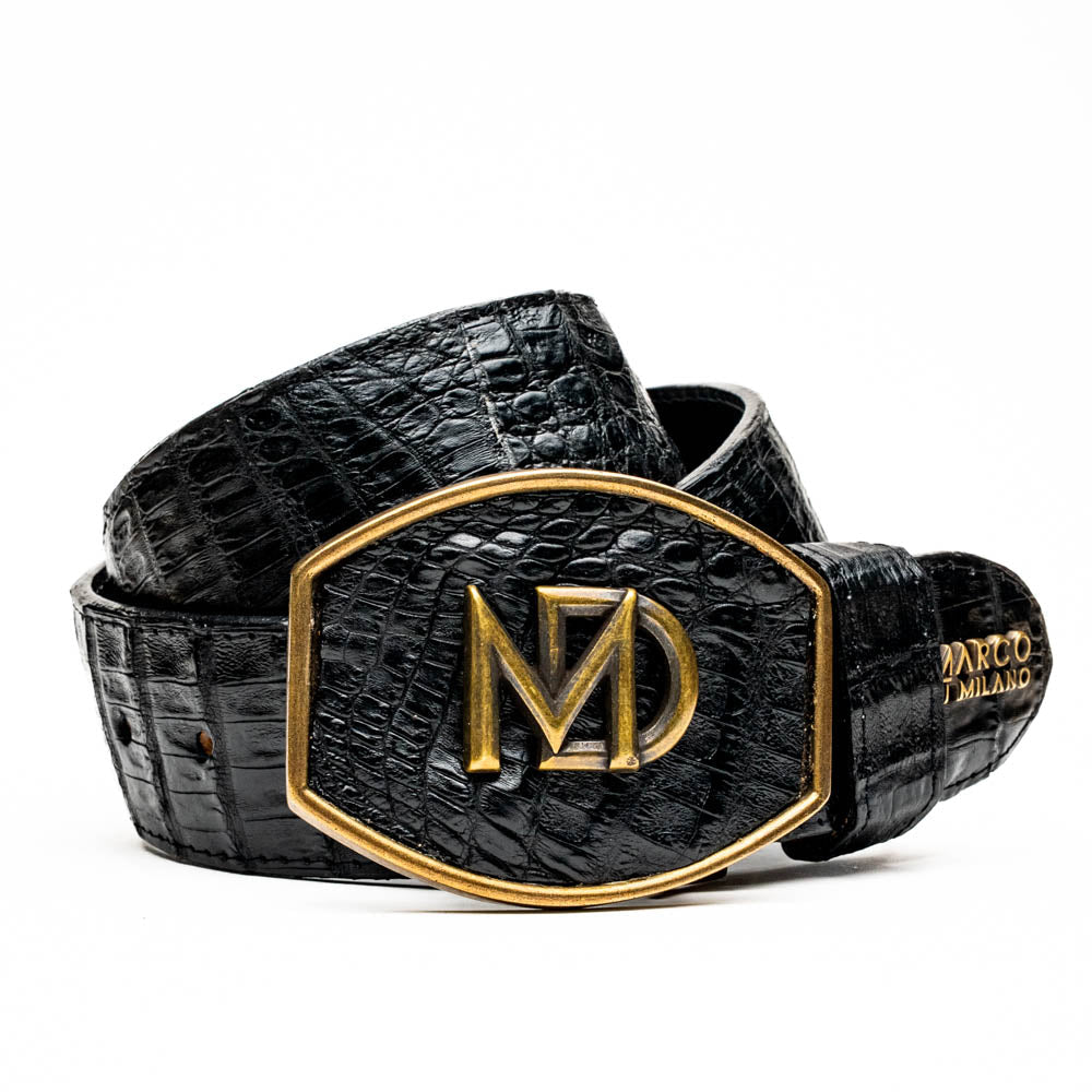 Iowa Belt Black made from genuine caiman skin with Western design and antique brass buckle, showcasing natural scale patterns.
