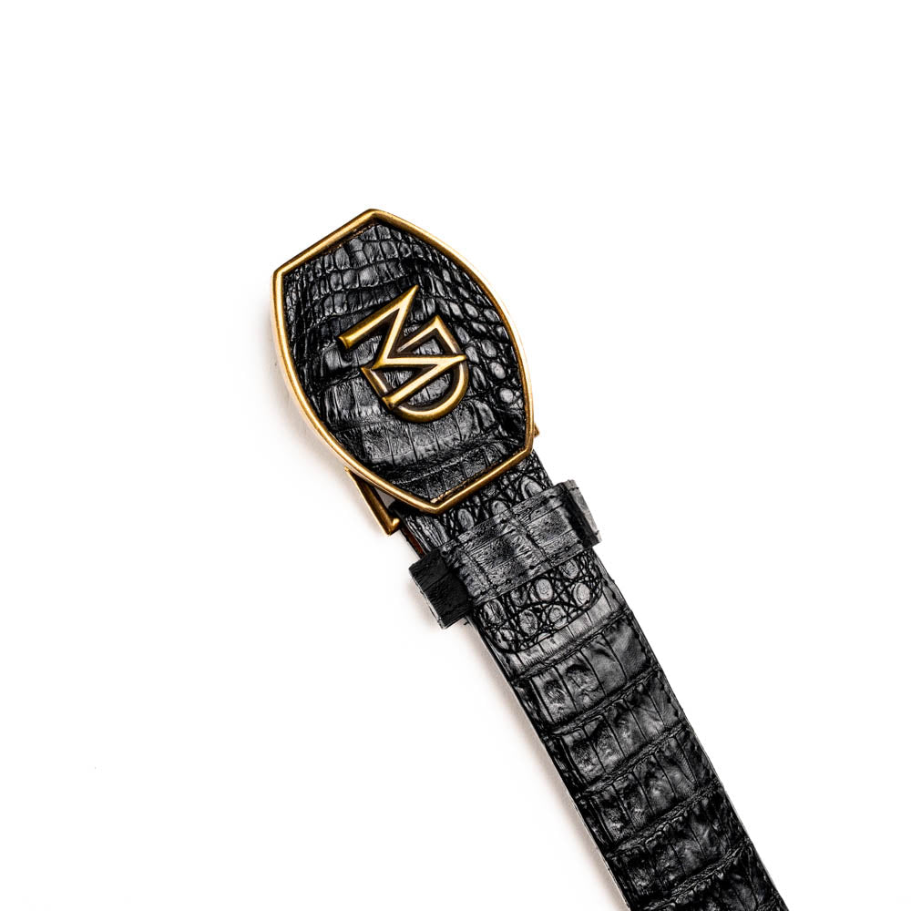 Iowa Belt Black with genuine caiman skin and Western-style antique brass buckle, showcasing natural scale patterns.