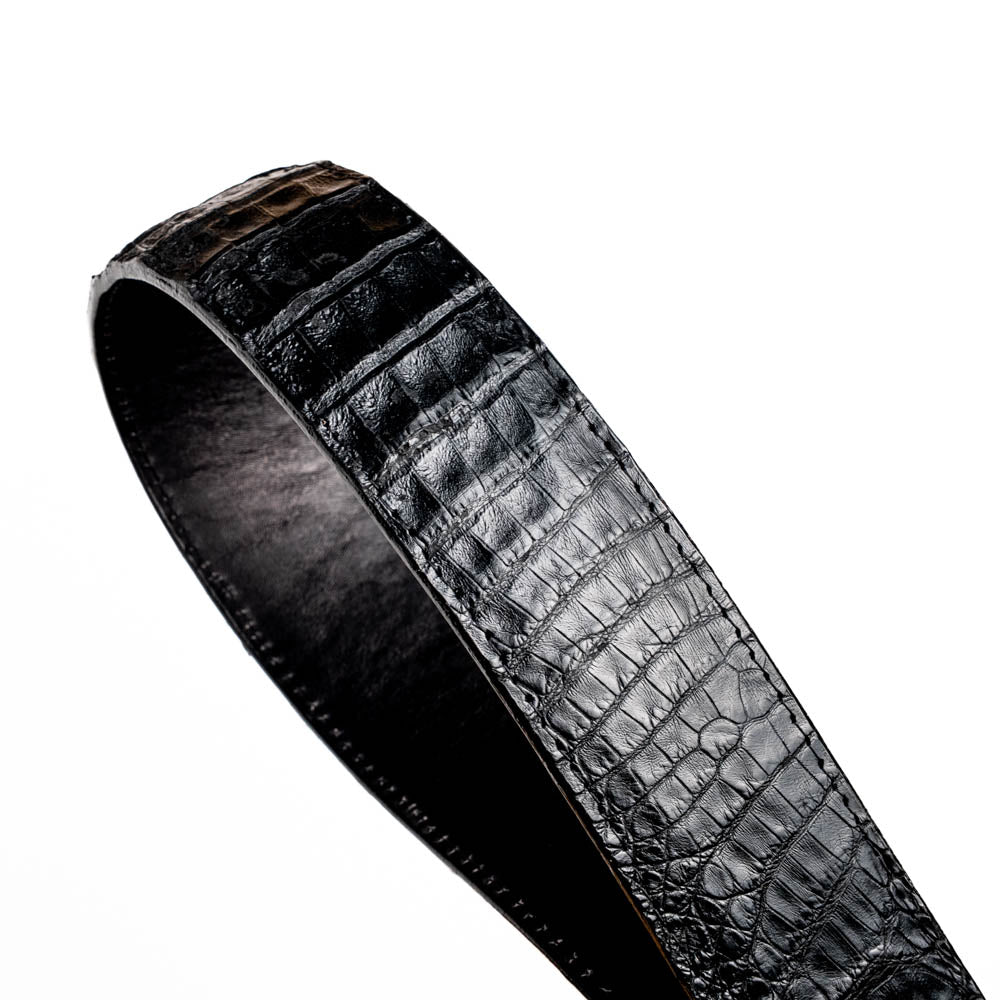 Iowa Belt Black in genuine caiman skin with natural scale patterns and Western-style design