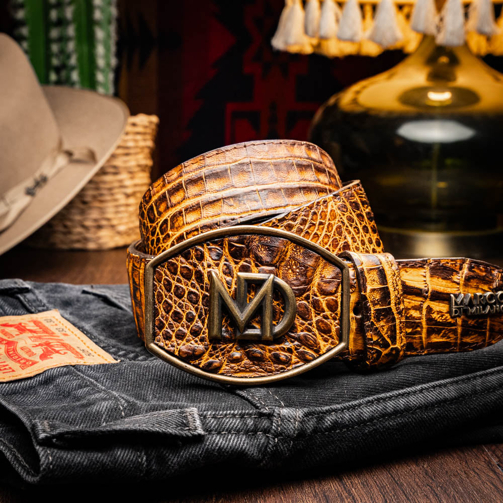 Iowa Belt Mustard Brown with genuine caiman skin and antique brass buckle showcasing Western craftsmanship.