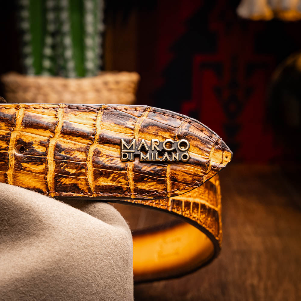 Iowa Belt Mustard Brown - Genuine Caiman Skin Western Belt with antique brass buckle and gradient finish.