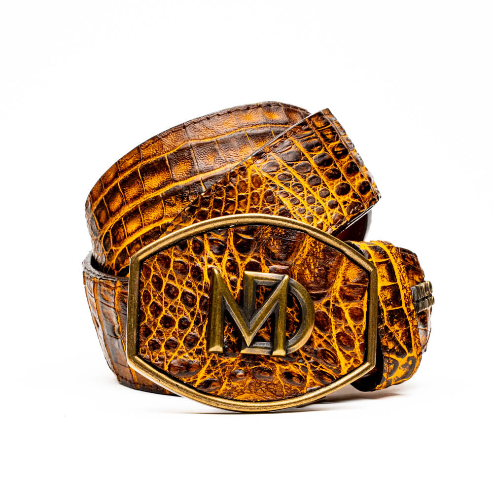 Iowa Belt Mustard Brown made from genuine caiman skin with Western antique brass buckle, showcasing natural scale patterns.