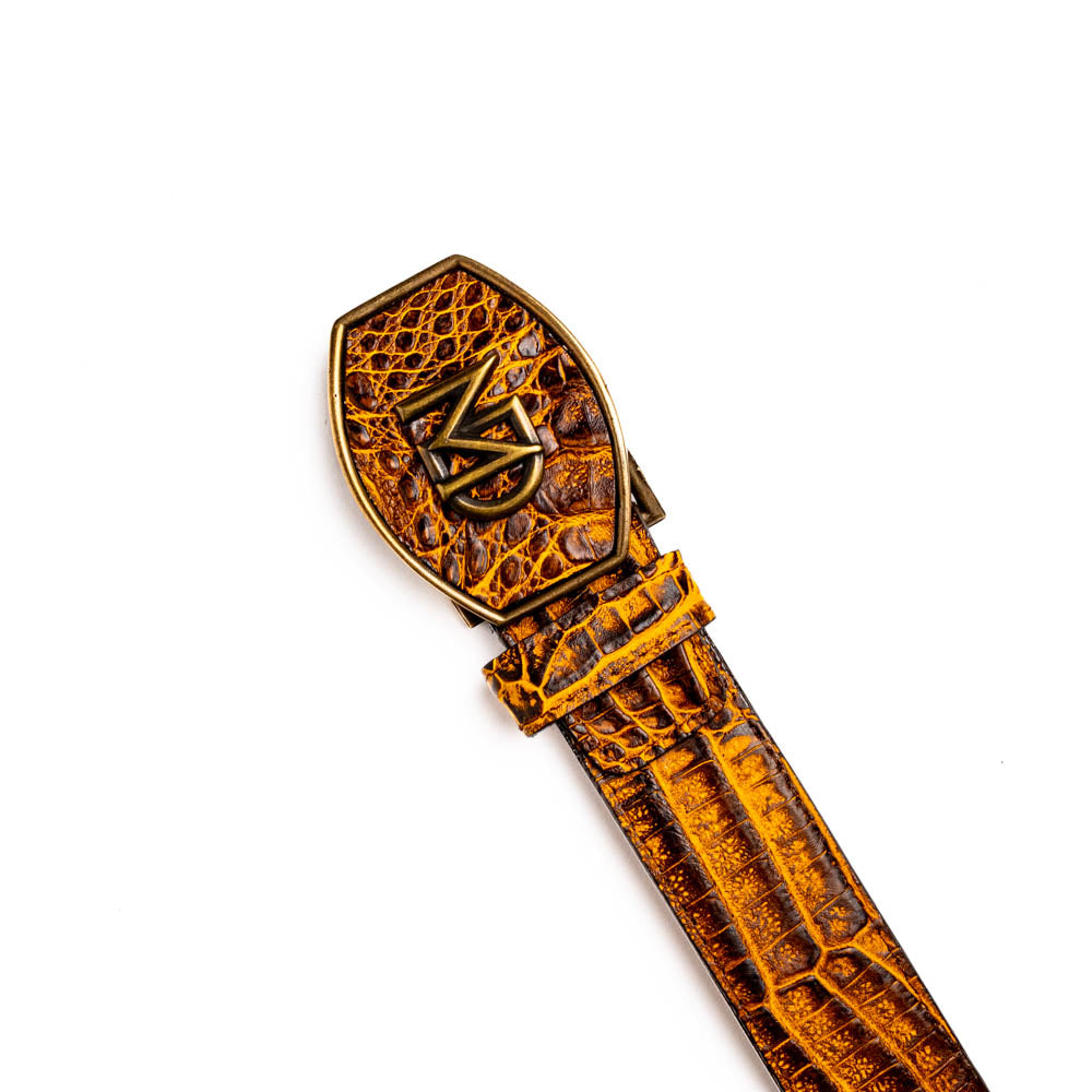 Iowa Belt Mustard Brown - Genuine Caiman Skin Western Belt with antique brass buckle, handcrafted with natural scale patterns.