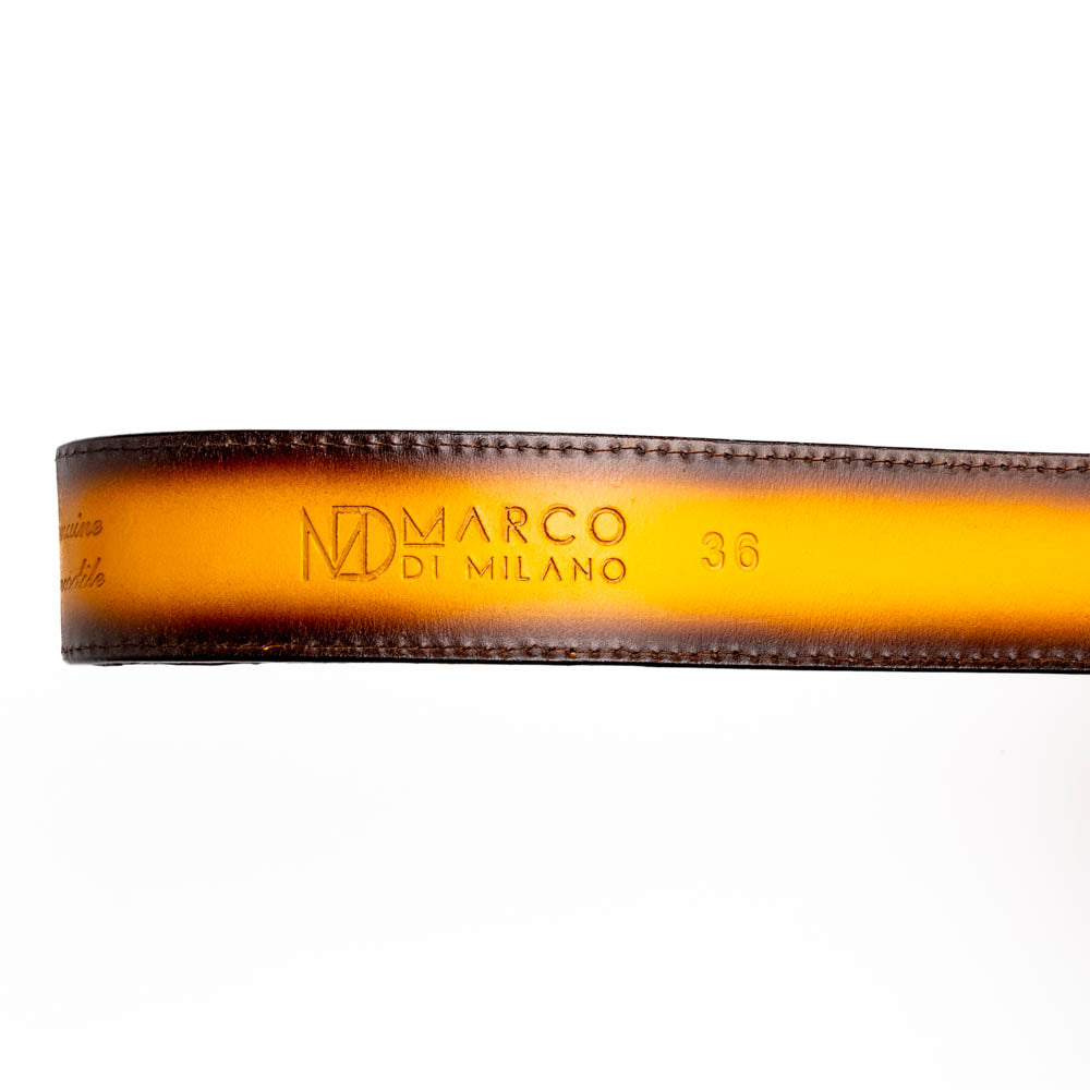 Iowa Belt Mustard Brown genuine leather with caiman skin and antique brass buckle, showcasing luxury Western craftsmanship.