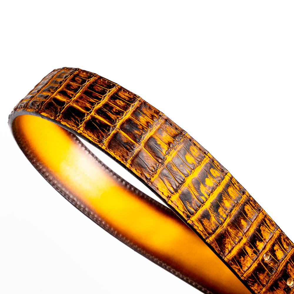 Iowa Belt Mustard Brown made from genuine caiman skin, showcasing natural scale patterns with a Western-style brass buckle.