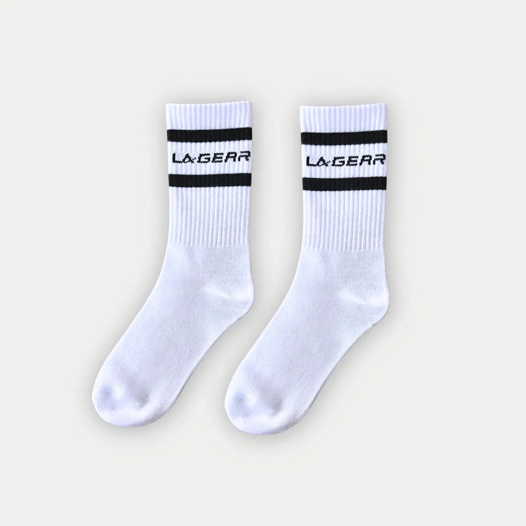 LA Gear Classic Athletic Striped Crew Socks | White with retro stripes and logo