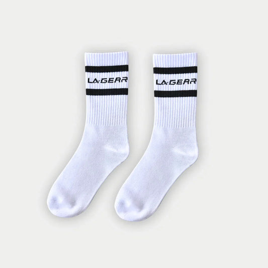 LA Gear Classic Athletic Striped Crew Socks | White with retro stripes and logo