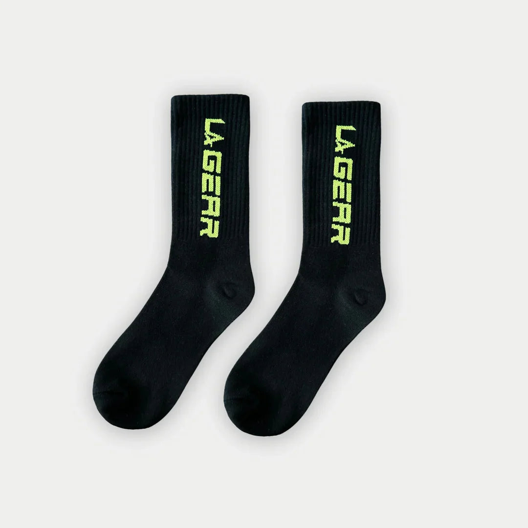 LA Gear Classic Crew Socks | Neon Yellow x Black with athletic stripes and bold logo, one size fits most for comfortable everyday wear.