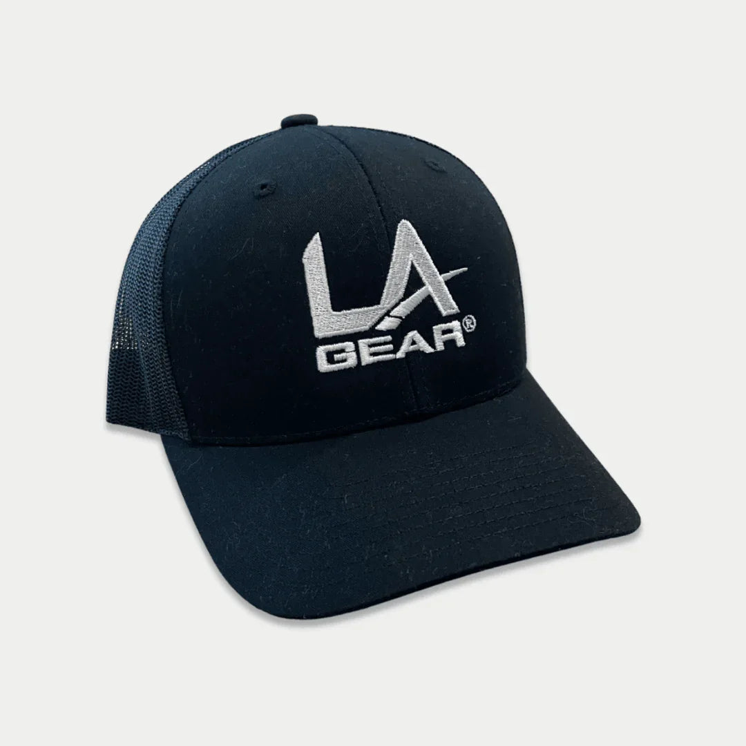 LA Gear Classic Trucker Hat | Black with curved brim and embroidered logo, featuring breathable mesh panels for all-day comfort and style.