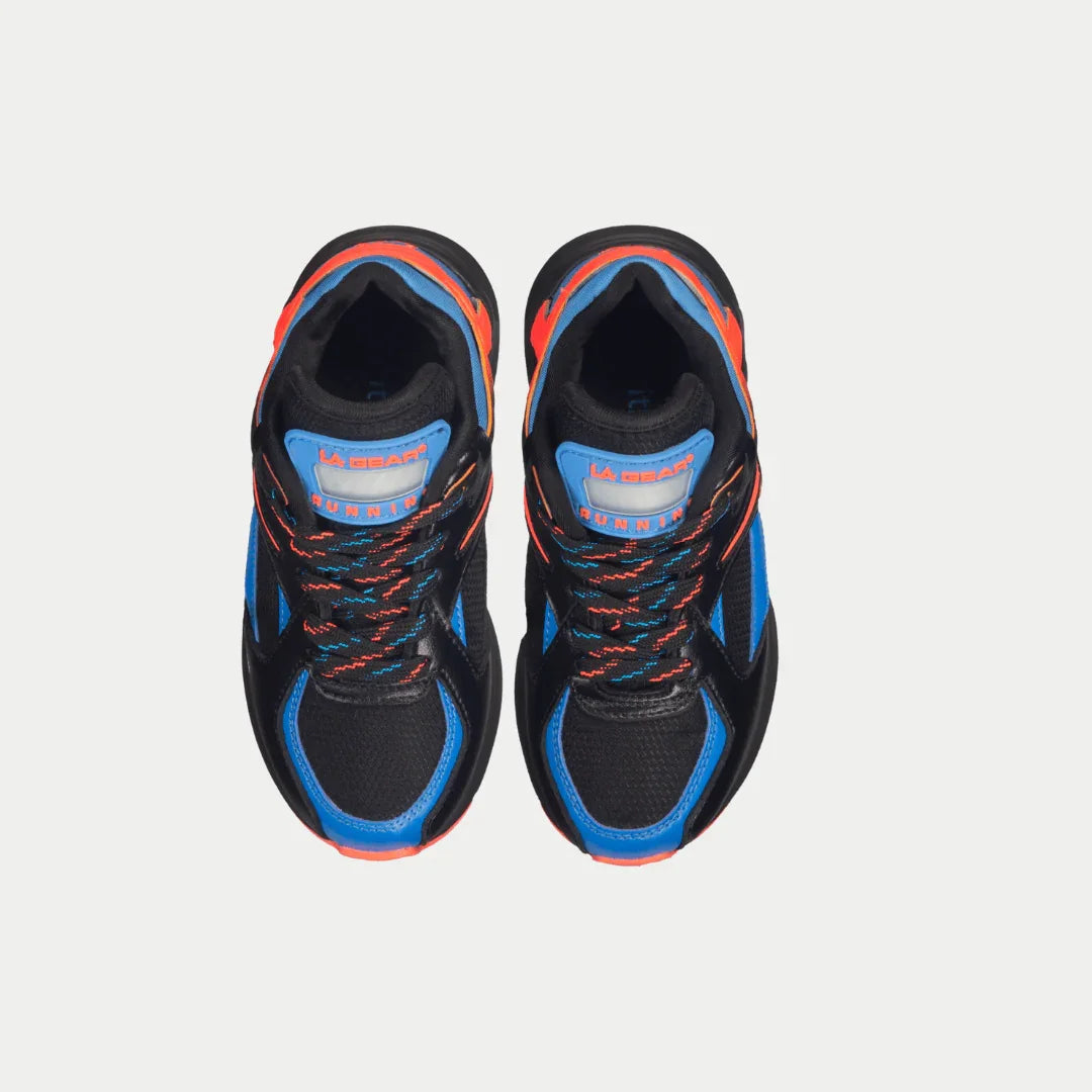Top view of La Gear Kids Catapult Light-Up Lowtop | Black x Blue sneakers with light-up features and bold accents for energetic play.