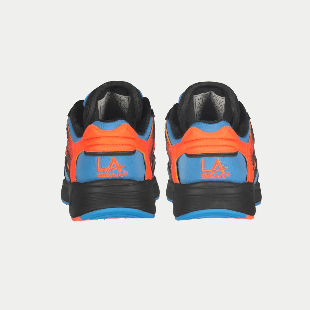 Back view of La Gear Kids Catapult Light-Up Lowtop | Black x Blue shoes with light-up feature.