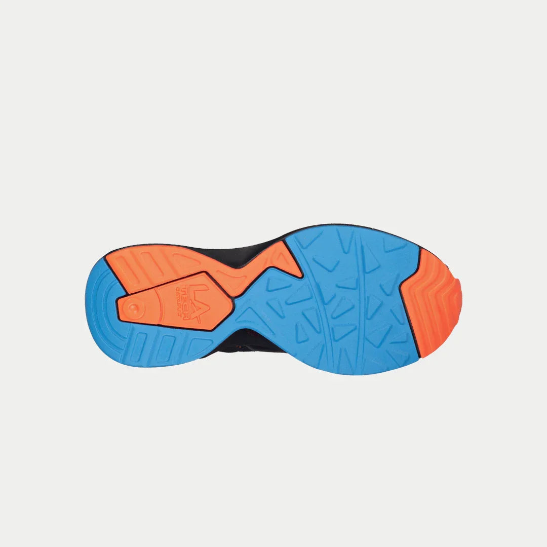 Outsole of La Gear Kids Catapult Light-Up Lowtop | Black x Blue, showcasing vibrant orange and blue tread design for durability and style.