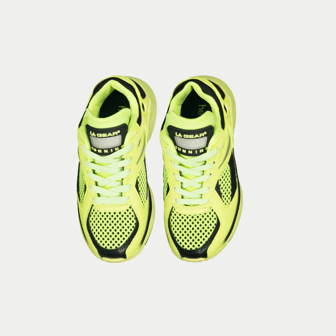 LA Gear Kids Catapult Light-Up x Glow Lowtop | Neon Yellow x Black sneakers, featuring motion-activated light-up tongue and glow details.