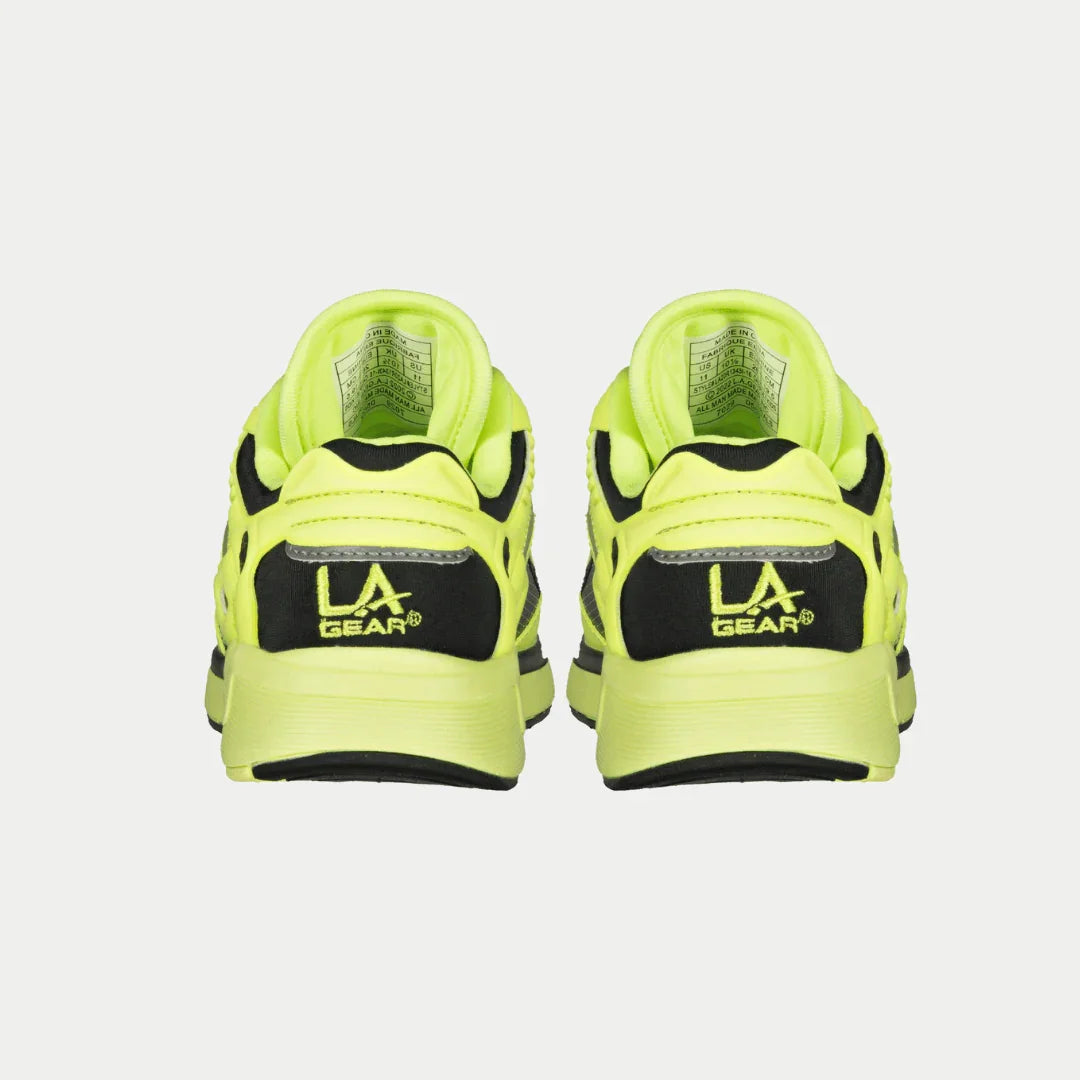 Back view of LA Gear Kids Catapult Light-Up x Glow Lowtop | Neon Yellow x Black sneakers showing neon design and logo details.