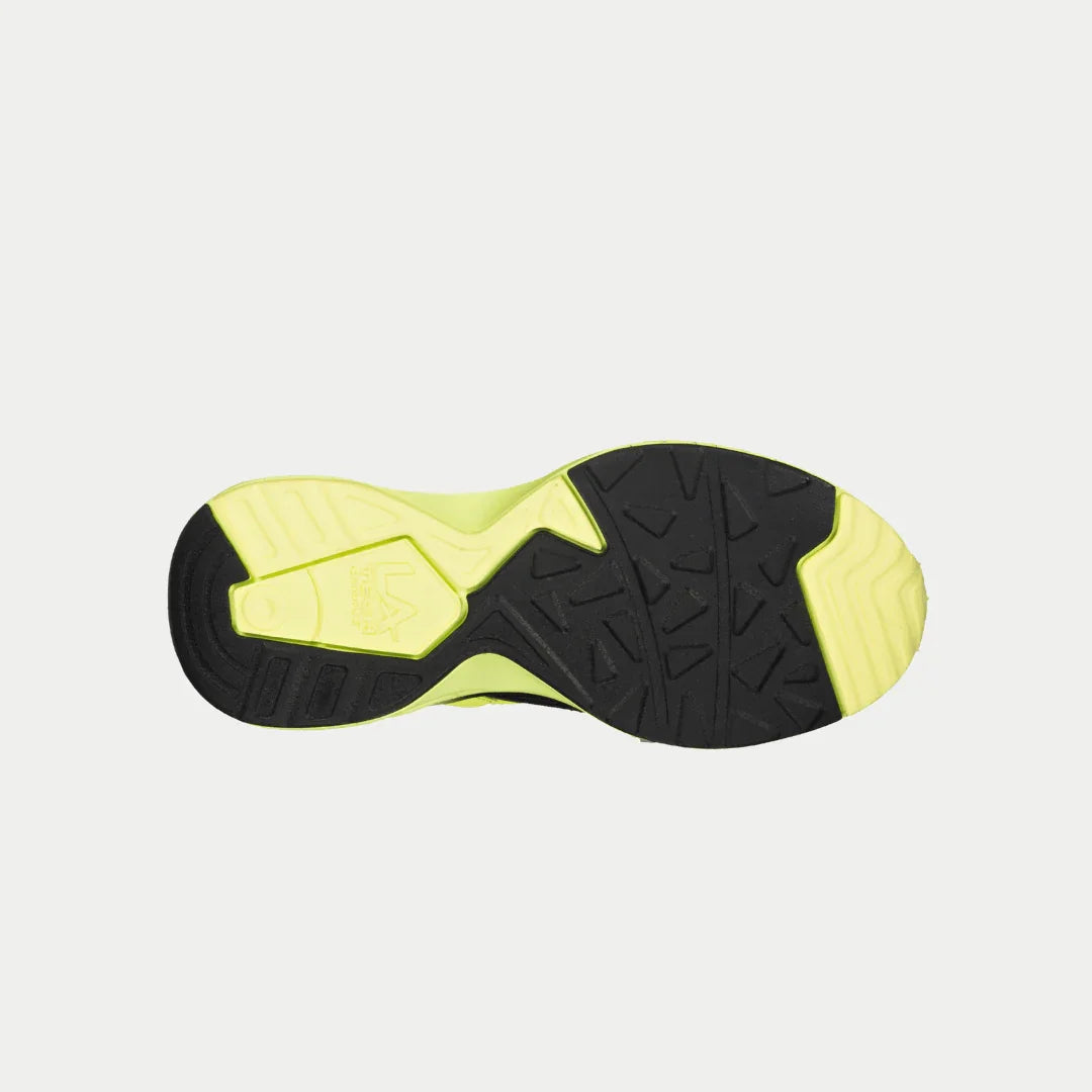 Sole of LA Gear Kids Catapult Light-Up x Glow Lowtop in Neon Yellow x Black, showcasing durable grip design.
