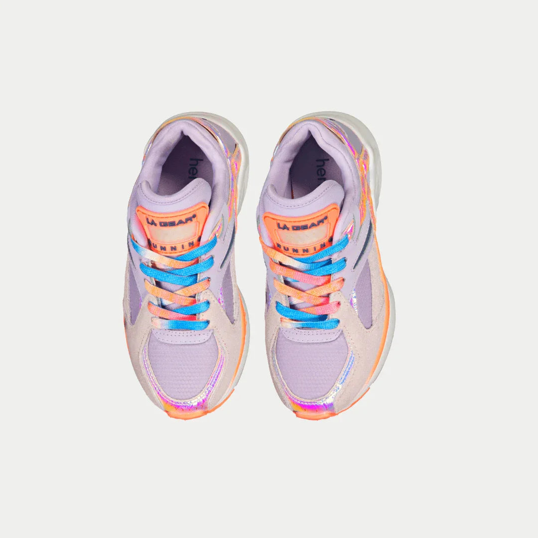 LA Gear Kids Catapult Light-Up Lowtop | Purple x Orange sneakers with light-up tongues, vibrant design, top view