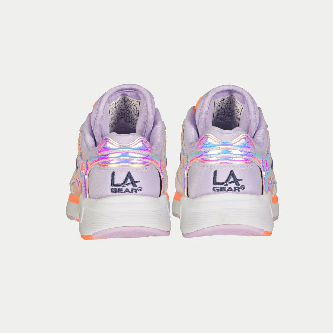 Back view of LA Gear Kids Catapult Light-Up Lowtop | Purple x Orange with motion-activated light-up feature.