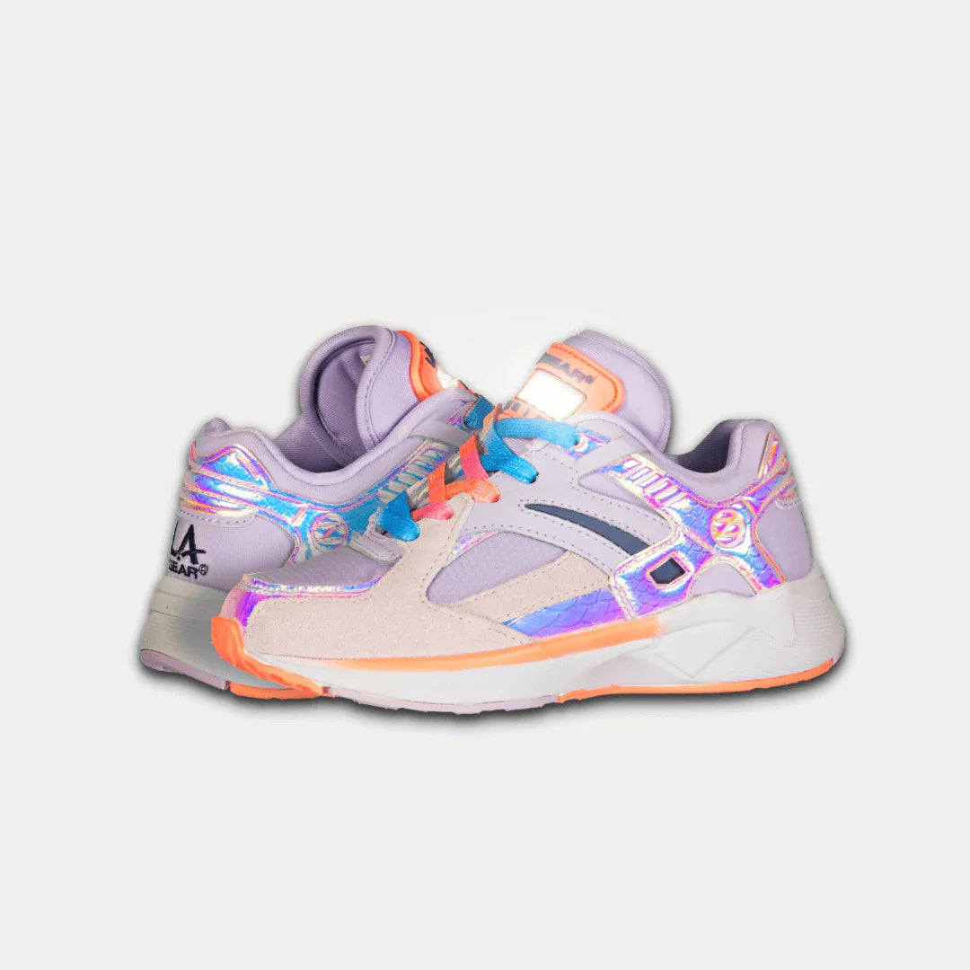 LA Gear Kids Catapult Light-Up Lowtop | Purple x Orange sneakers featuring a motion-activated light-up tongue with purple and orange design.