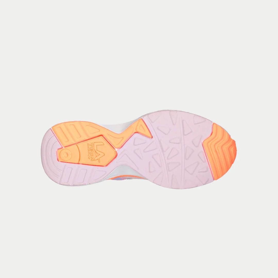 Bottom view of LA Gear Kids Catapult Light-Up Lowtop | Purple x Orange showcasing colorful sole design.